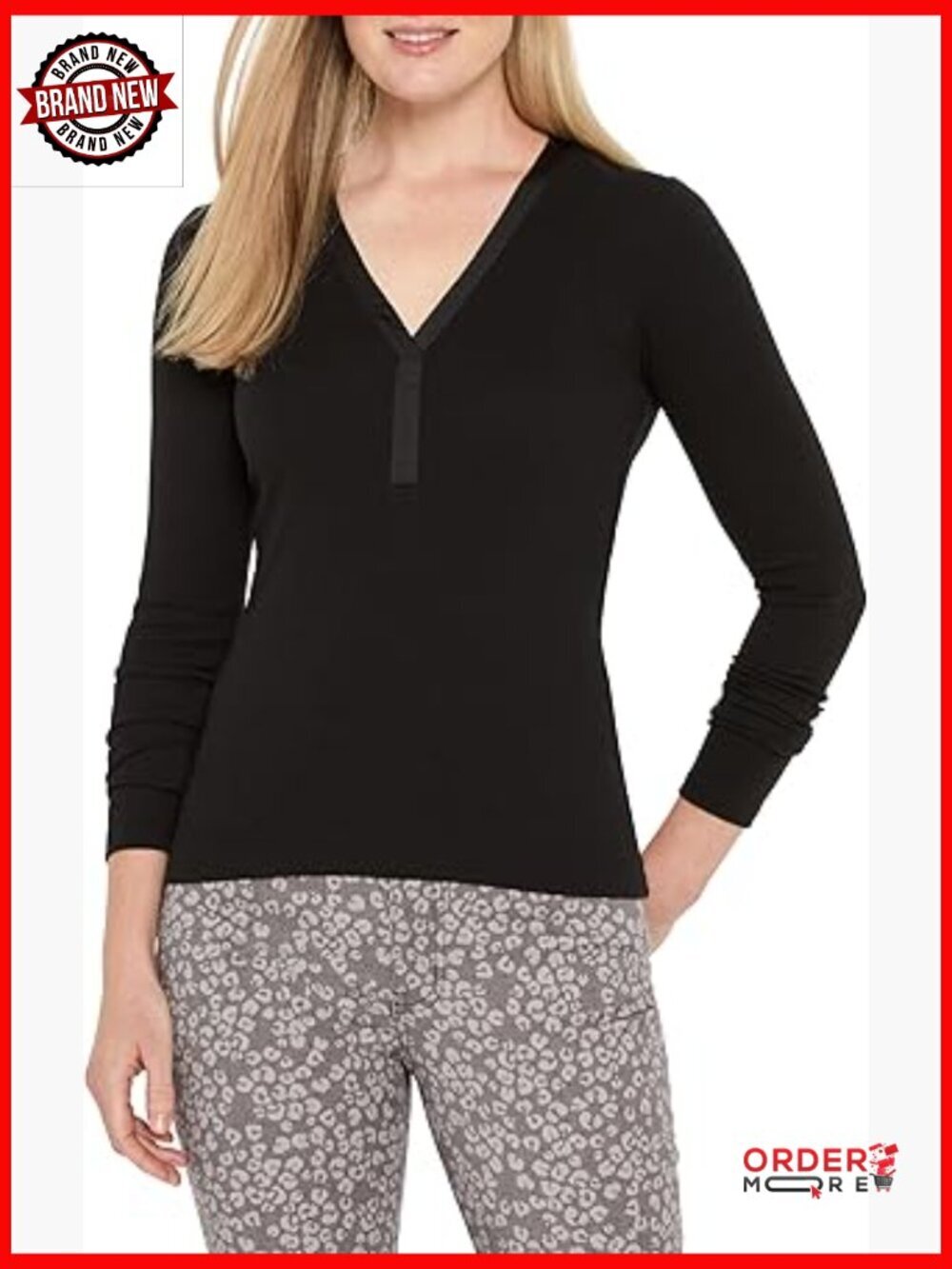 Trimmed Knit Rib V-Neck Top Long Sleeve Pullover Cotton Blend